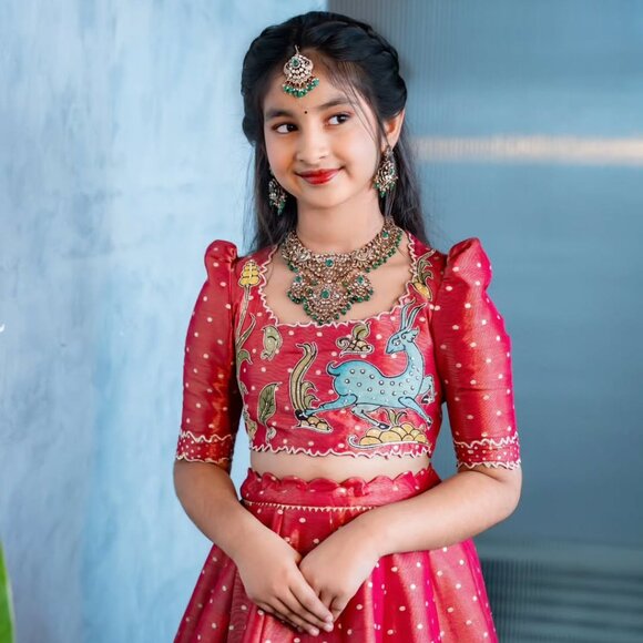 Kalam Kari Printed &  Embroidered Girl's Lehenga - Picture 2 of 12